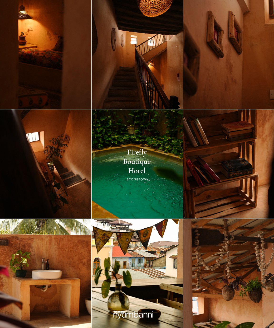 Firefly Boutique Hotel — a nine-frame contact sheet of the rooms, stairwells, pool and rooftop